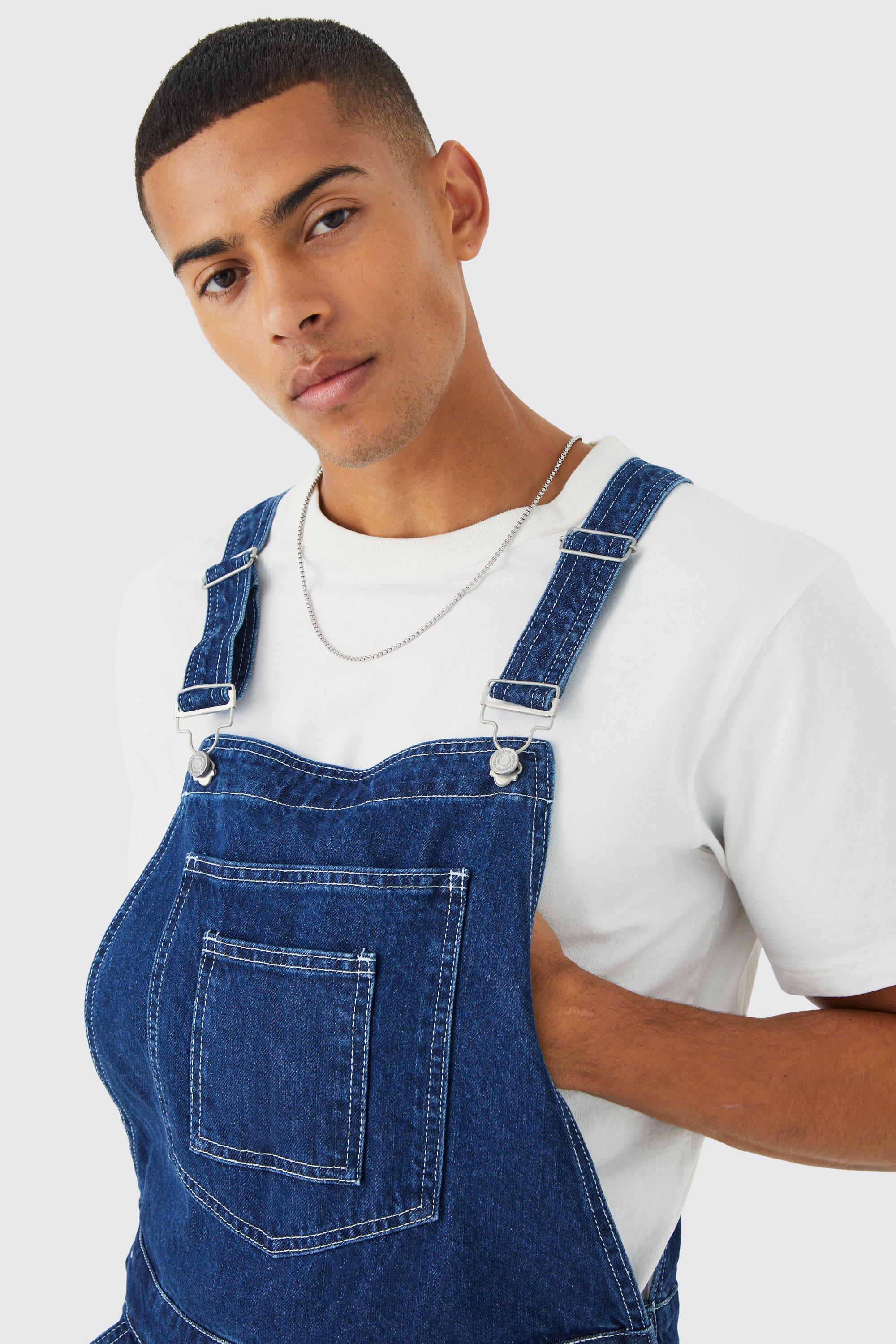 Relaxed Contrast Stitch Denim Short Dungarees
